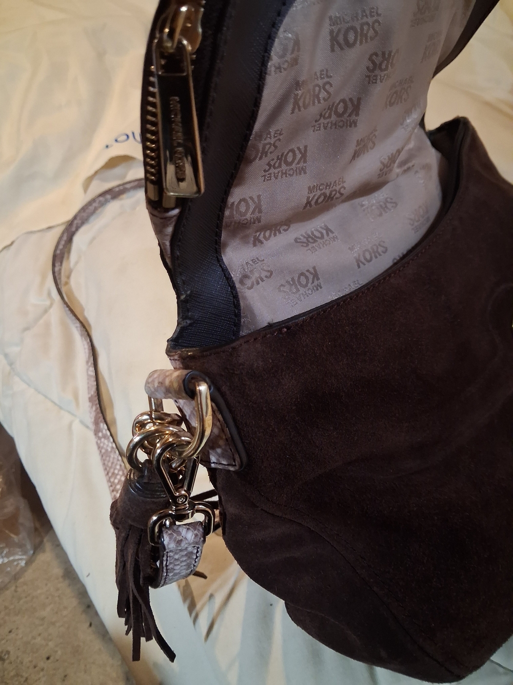 Michael Kors Brown Suede Messenger Bag with Gold Hardware